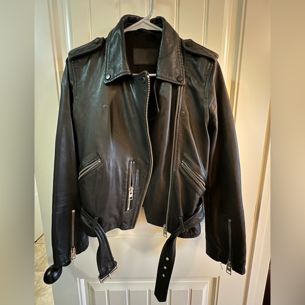 All Saints size 6 US black leather Moto jacket.